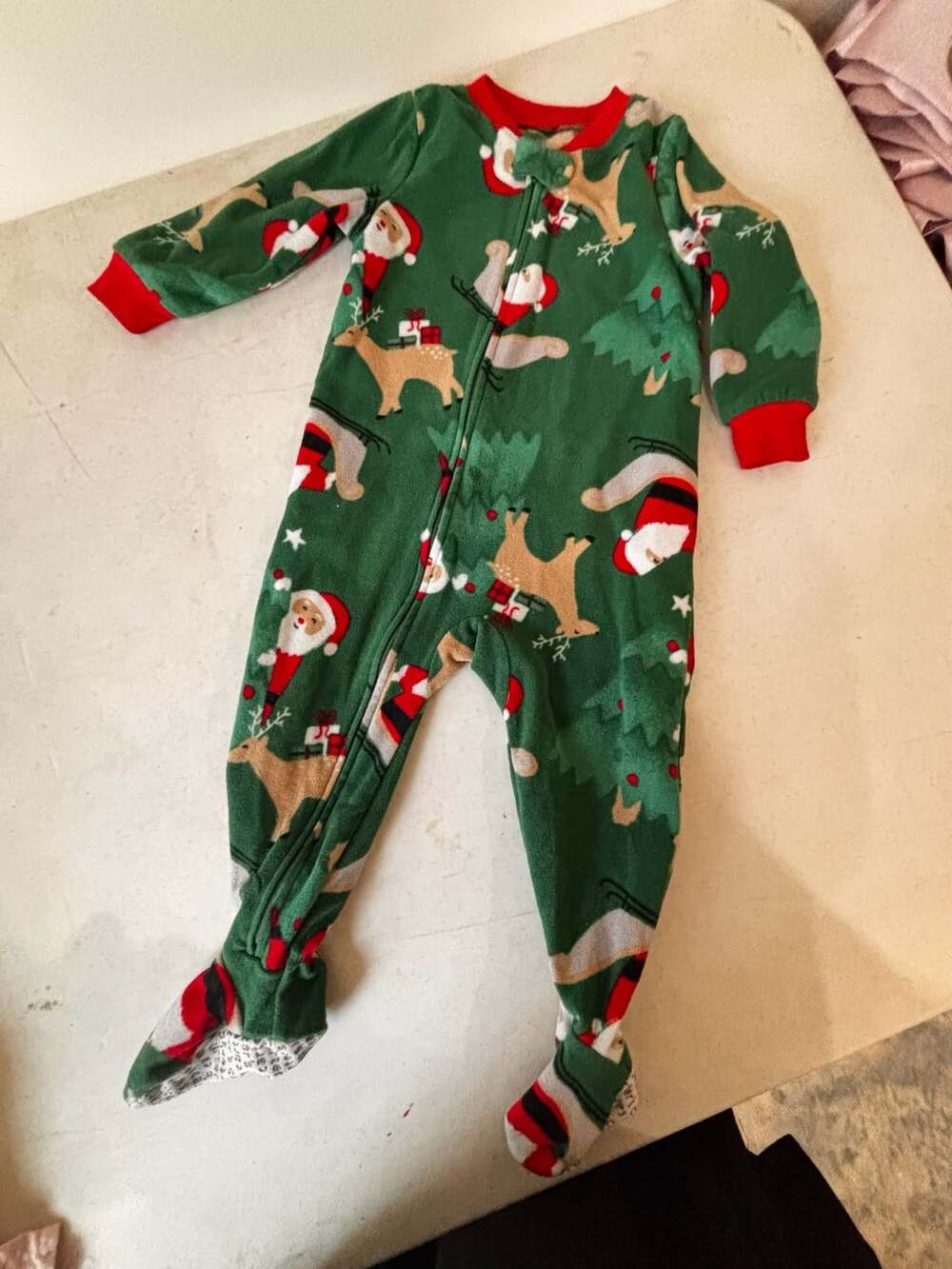 Carter's Green Christmas Santa and Reindeer Fleece Footed Sleeper Pajamas Size 1